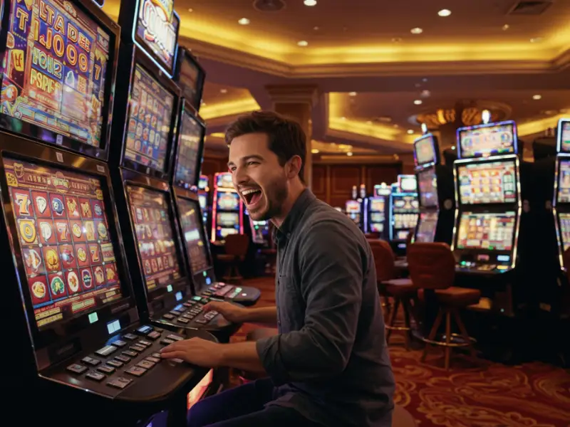 Online Sabong International: Happy man spinning the reels on a slot game