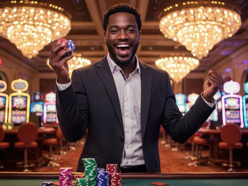 Man holding chip after winning poker with a free 100 no deposit offer