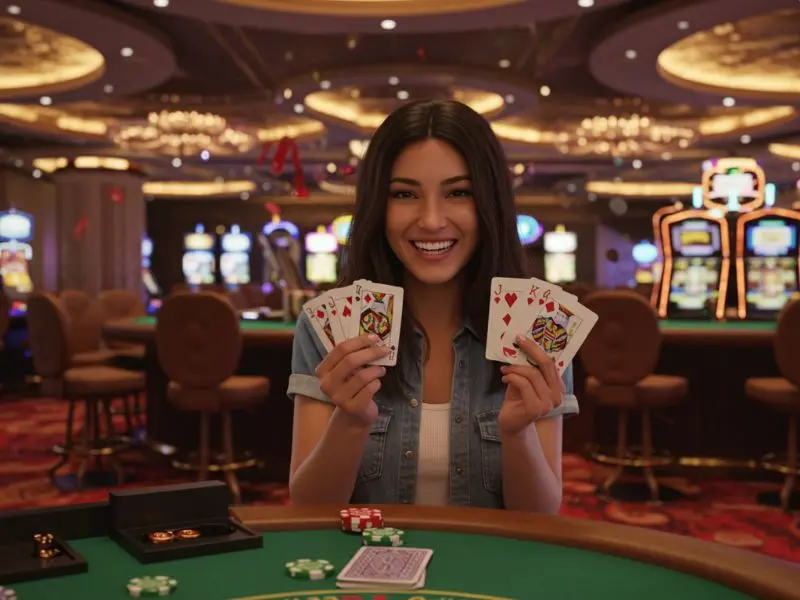 Happy woman holding a poker card while enjoying games on an online sabong site
