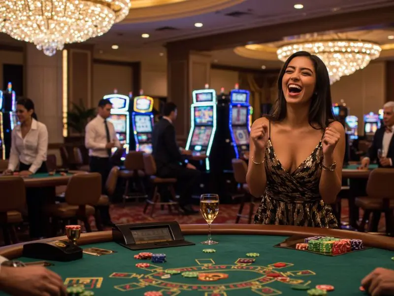 Online TMTPlay Casino: Smiling woman celebrating poker victory