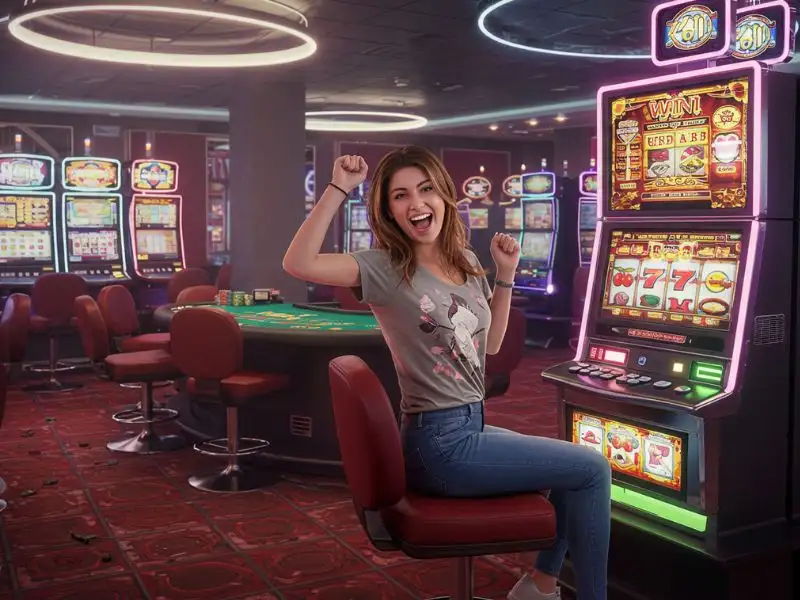 Online TMTPlay Casino: Excited woman celebrating a slot machine win