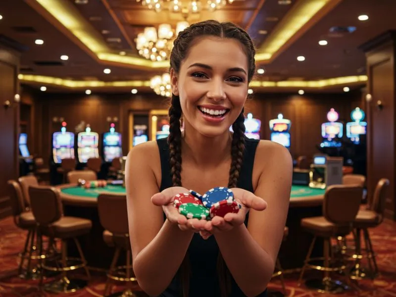 Happy woman celebrating a big poker win on Sabong Philippines
