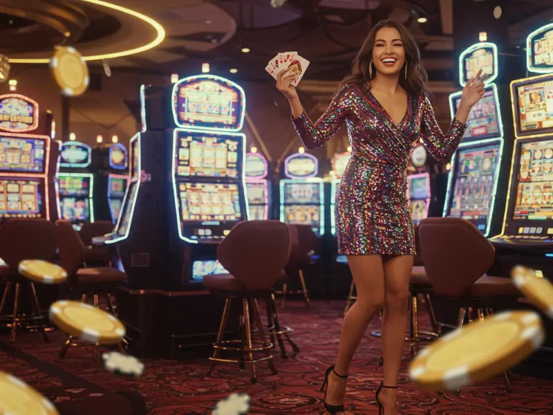 Happy woman celebrating slot win at TMTcash.con Casino