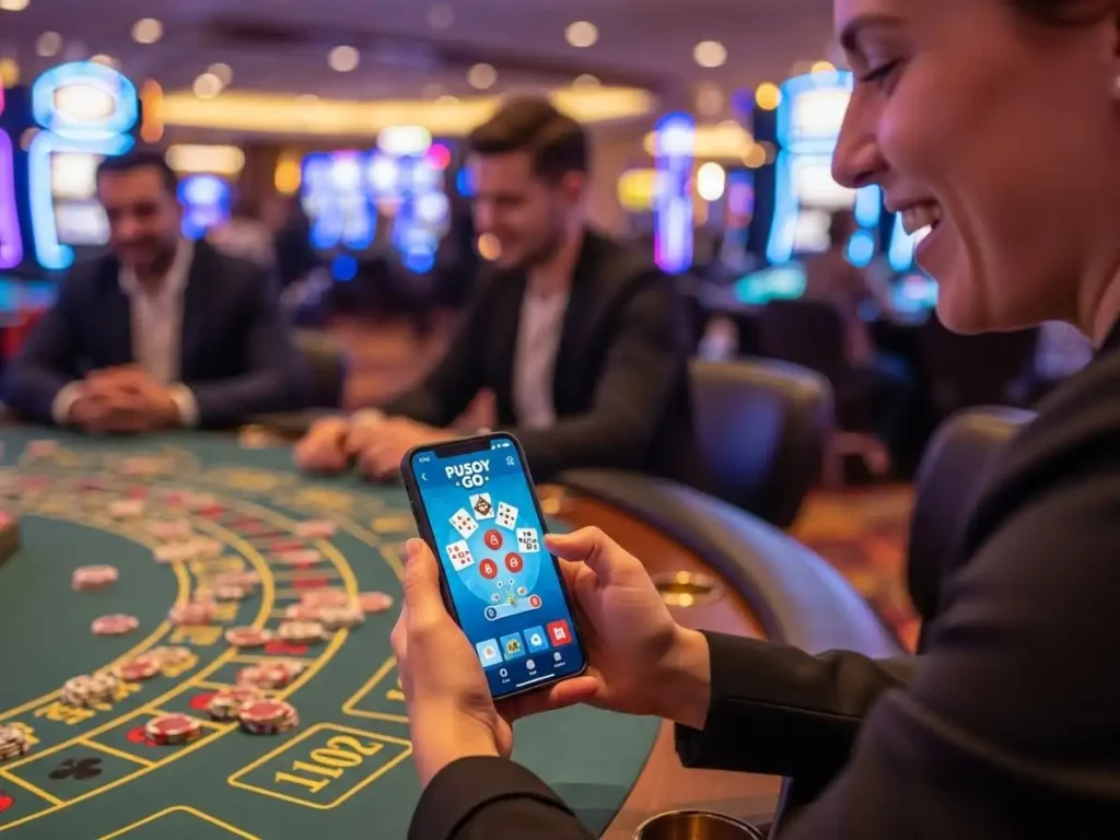 Cheerful casino player enjoying Pusoy Go card game with digital cash
