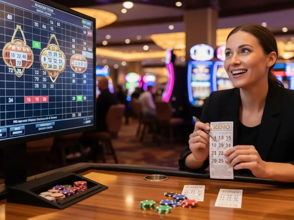 Confident happy adult seated near a casino keno screen in a modern casino, extreme gaming visual
