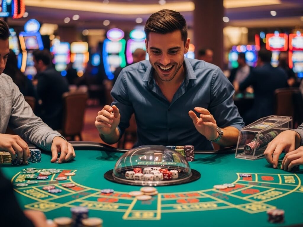Smiling adult player watching dice roll on a casino sic bo table, manila plays theme