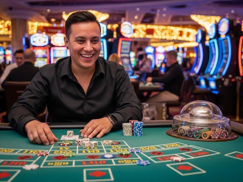 onfident happy adult seated at a sic bo table in a modern casino setting, manila plays visual