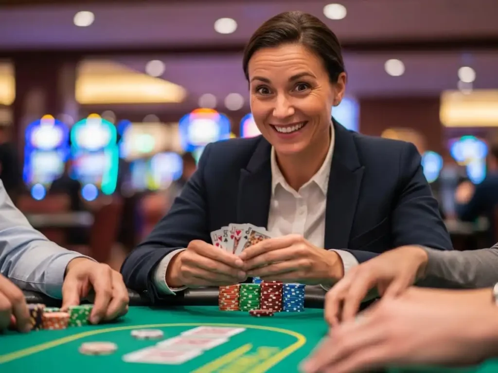 Excited adult enjoying a casino poker game with chips stacked on the table, manila play