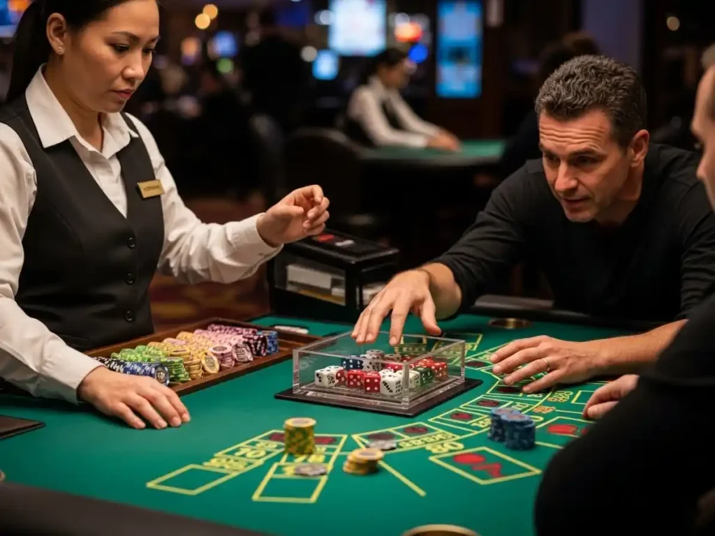 Person rolling dice while playing Sic Bo at Play Slots Games