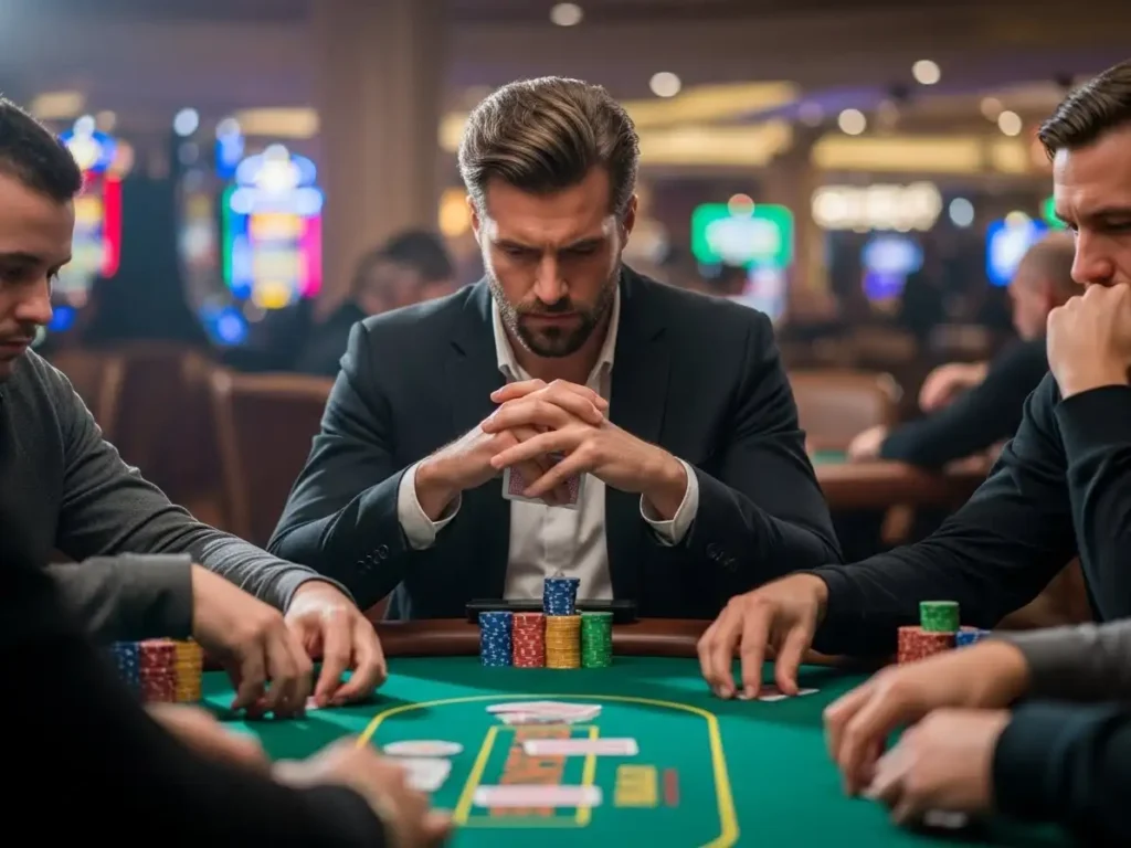 Close-up of poker chips and cards at Phclub Online Casino