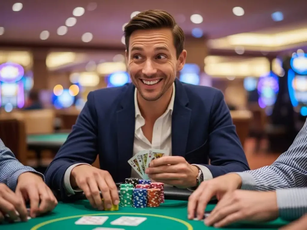 Confident happy adult seated at a poker table in a modern casino setting, manila play visual