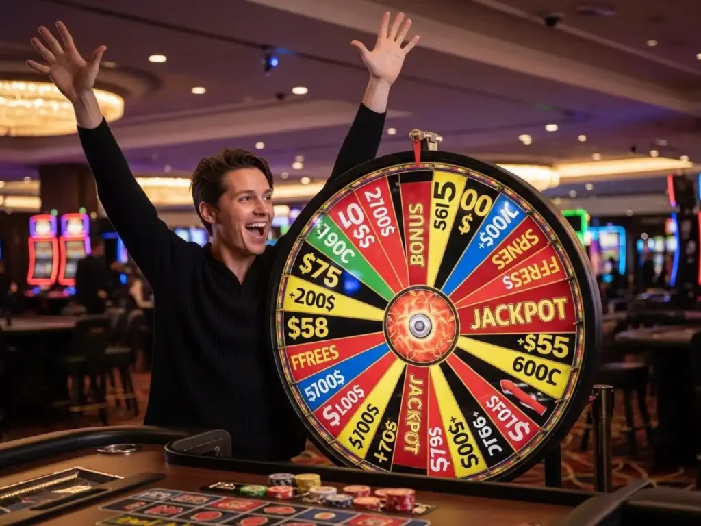 Confident happy adult standing near a wheel of fortune casino game in a modern gaming area, tmtplay registrations