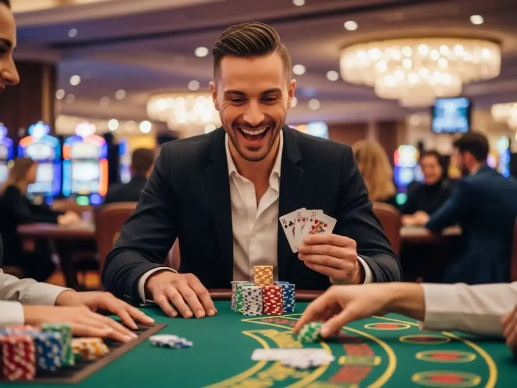 Excited adult enjoying a Three Card Poker game with dealer and chips on the table, ph444 apps