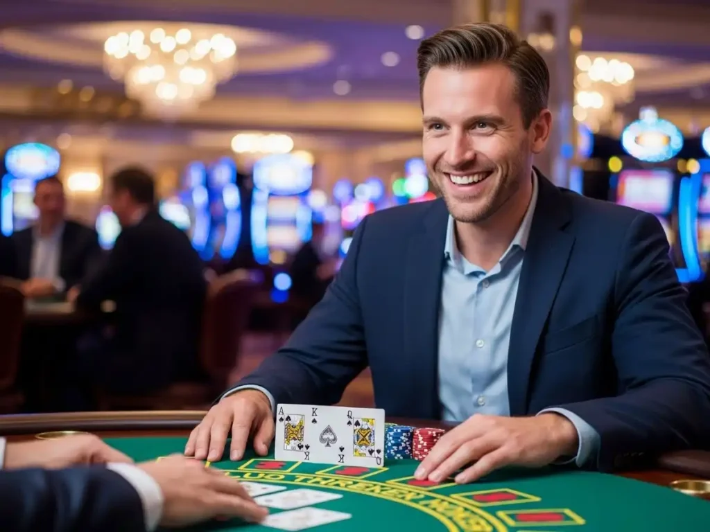 Confident happy adult seated at a casino Three Card Poker table with colorful chips, ph444 apps
