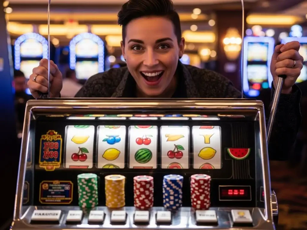 Excited adult celebrating near a classic slot machine with jackpot lights flashing, tmt tbes