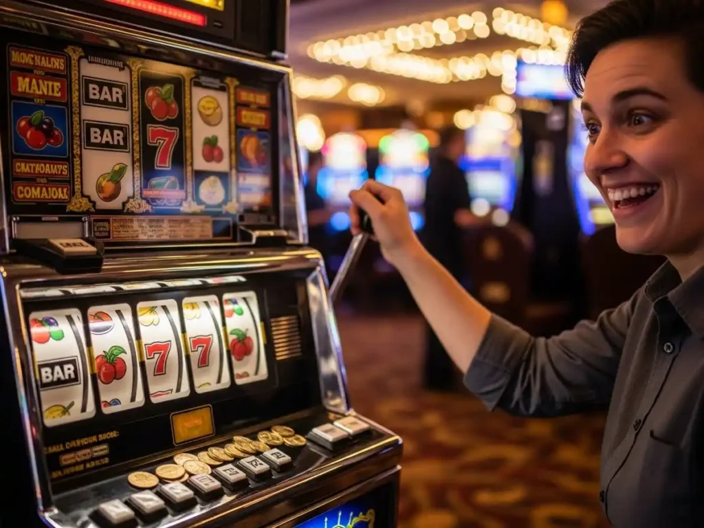 Confident happy adult standing near a row of classic slot machines with colorful spinning reels, tmt tbes
