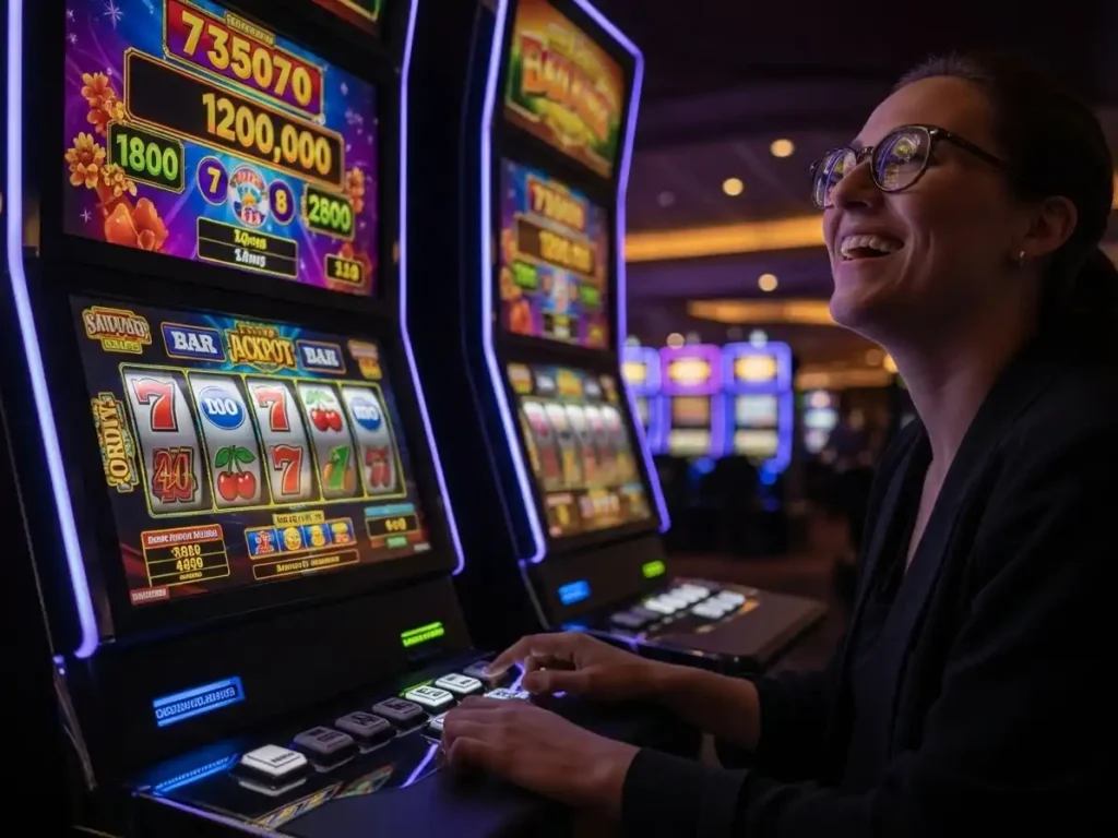 Excited adult celebrating near a progressive slot machine with jackpot indicators, TMT Games