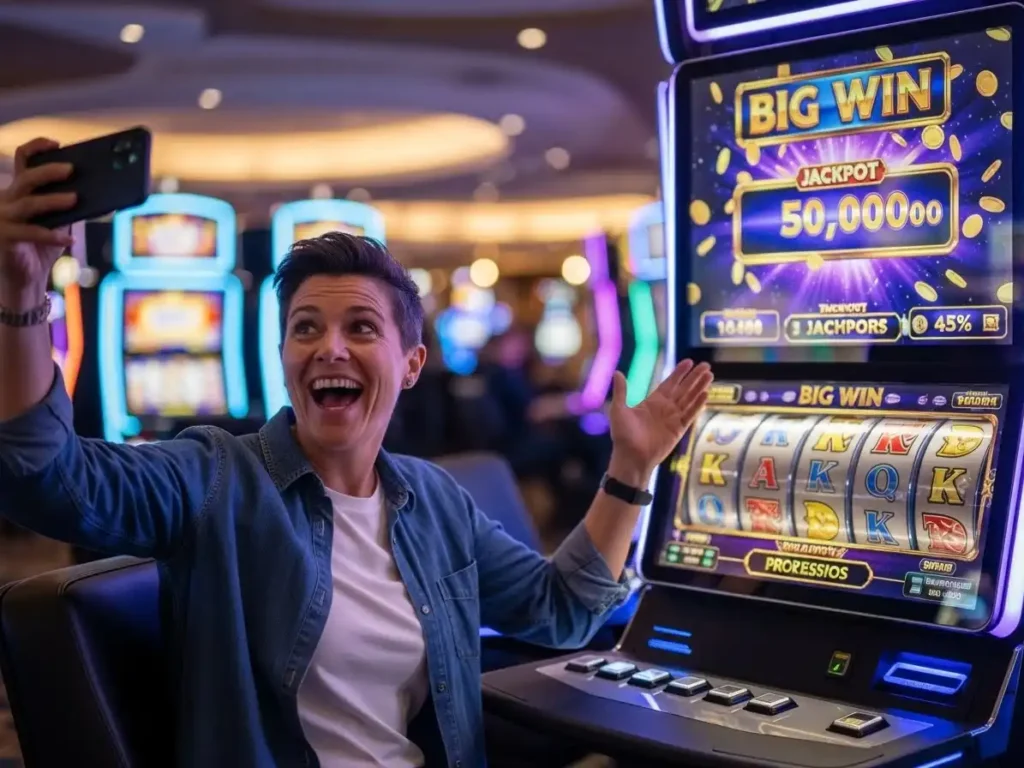 Happy adult person smiling while playing a progressive slot machine with colorful reels and jackpot lights, TMT Games