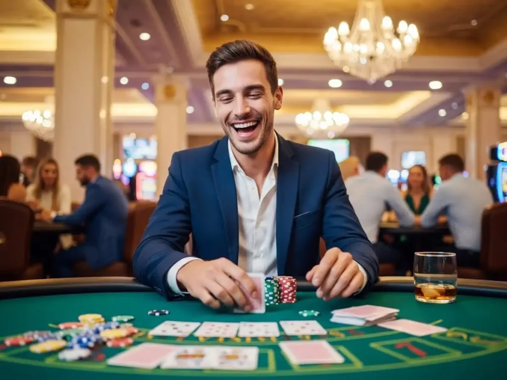 Excited adult celebrating while playing a casino gambling game with dealer and chips visible, tmt cash1