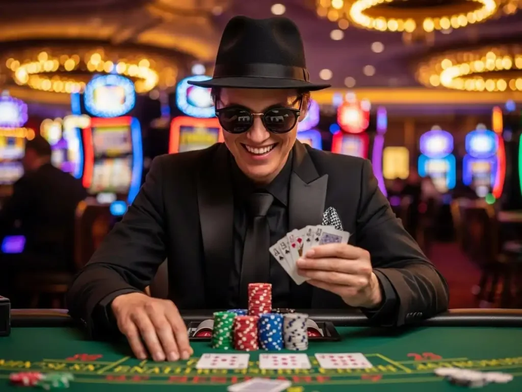Confident happy adult standing near a casino table with chips and cards, enjoying a gambling game, tmt cash1