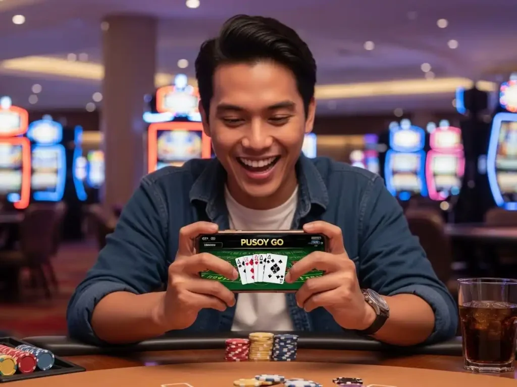 Smiling adult player holding cards during a casino Pusoy Go game under warm lighting, ExtremeGaming