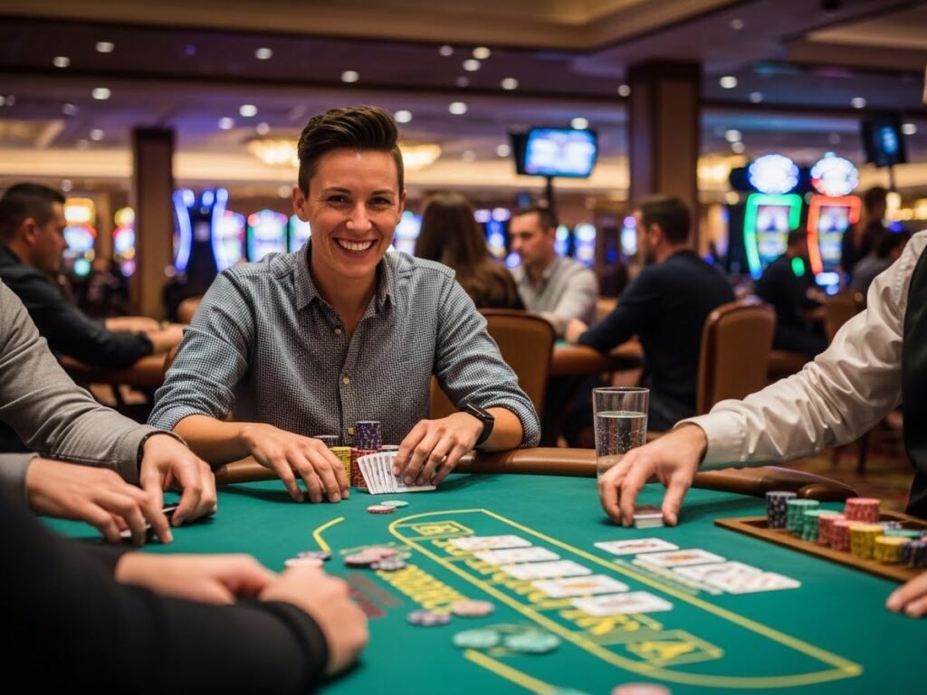 Excited adult enjoying a casino poker game with chips and cards on the table, Extreme Gaming Casino