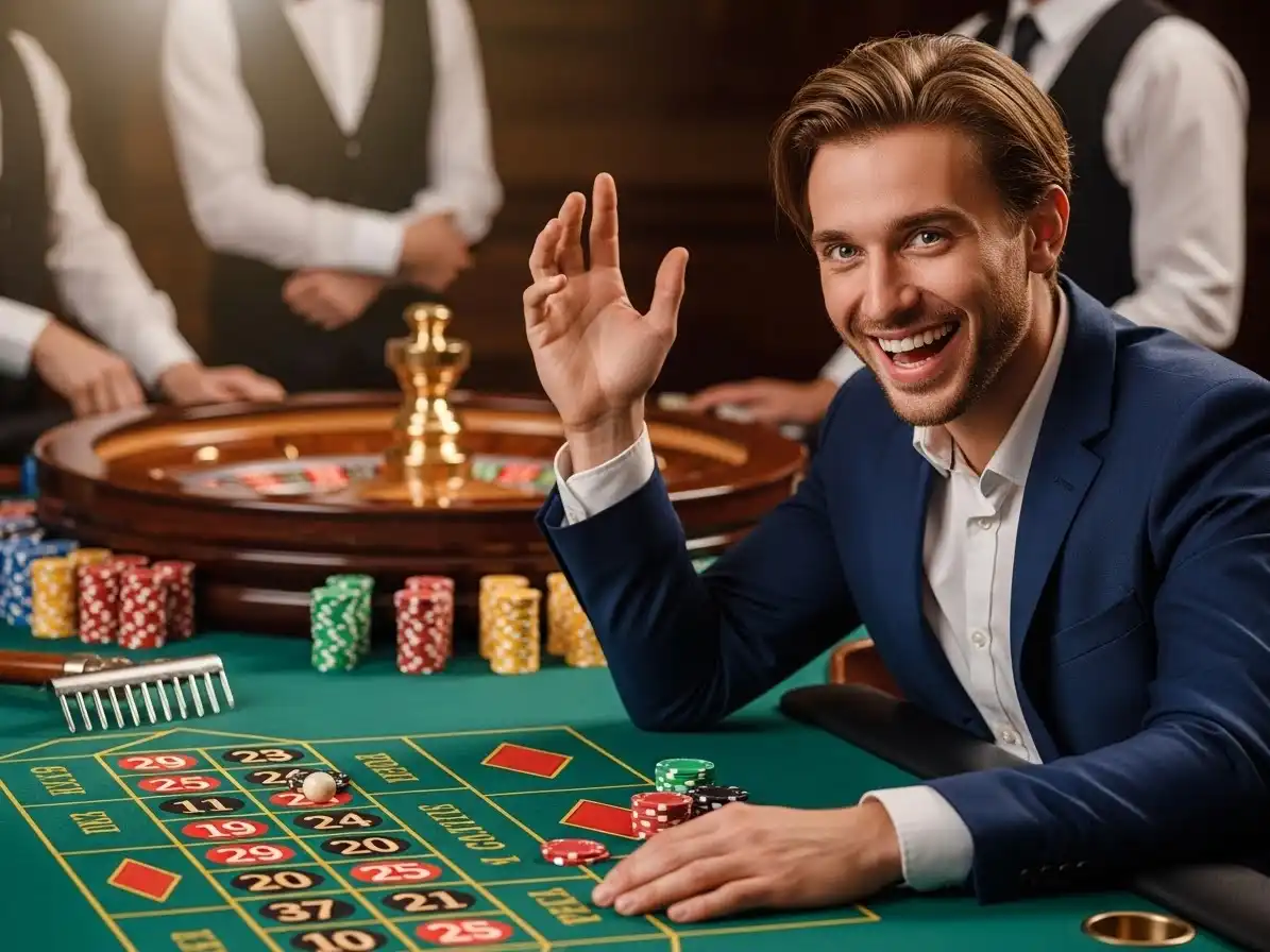 Happy adult person smiling while standing near a casino roulette table with colorful lights, Extreme Cash concept